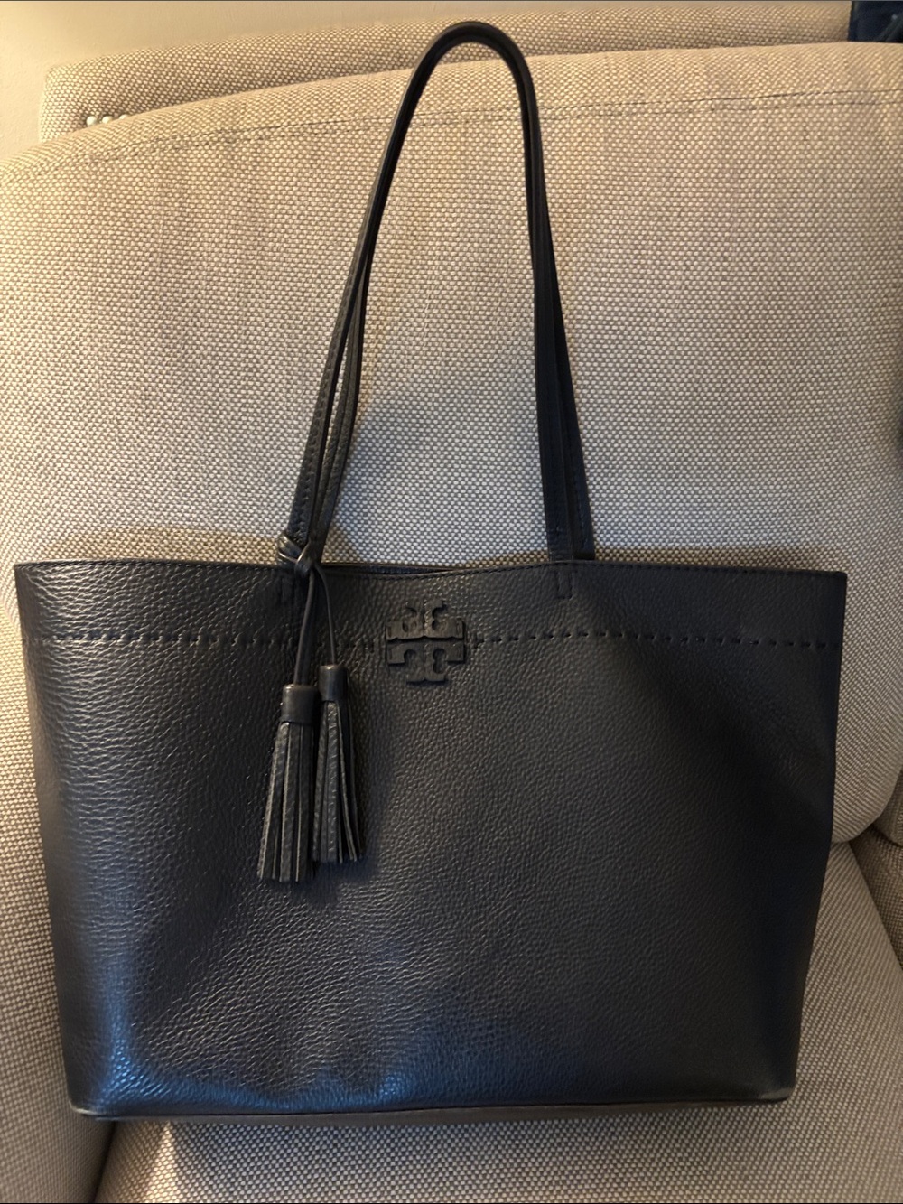 Tory Burch Black Pebbled Leather Tote with Tassel Charm